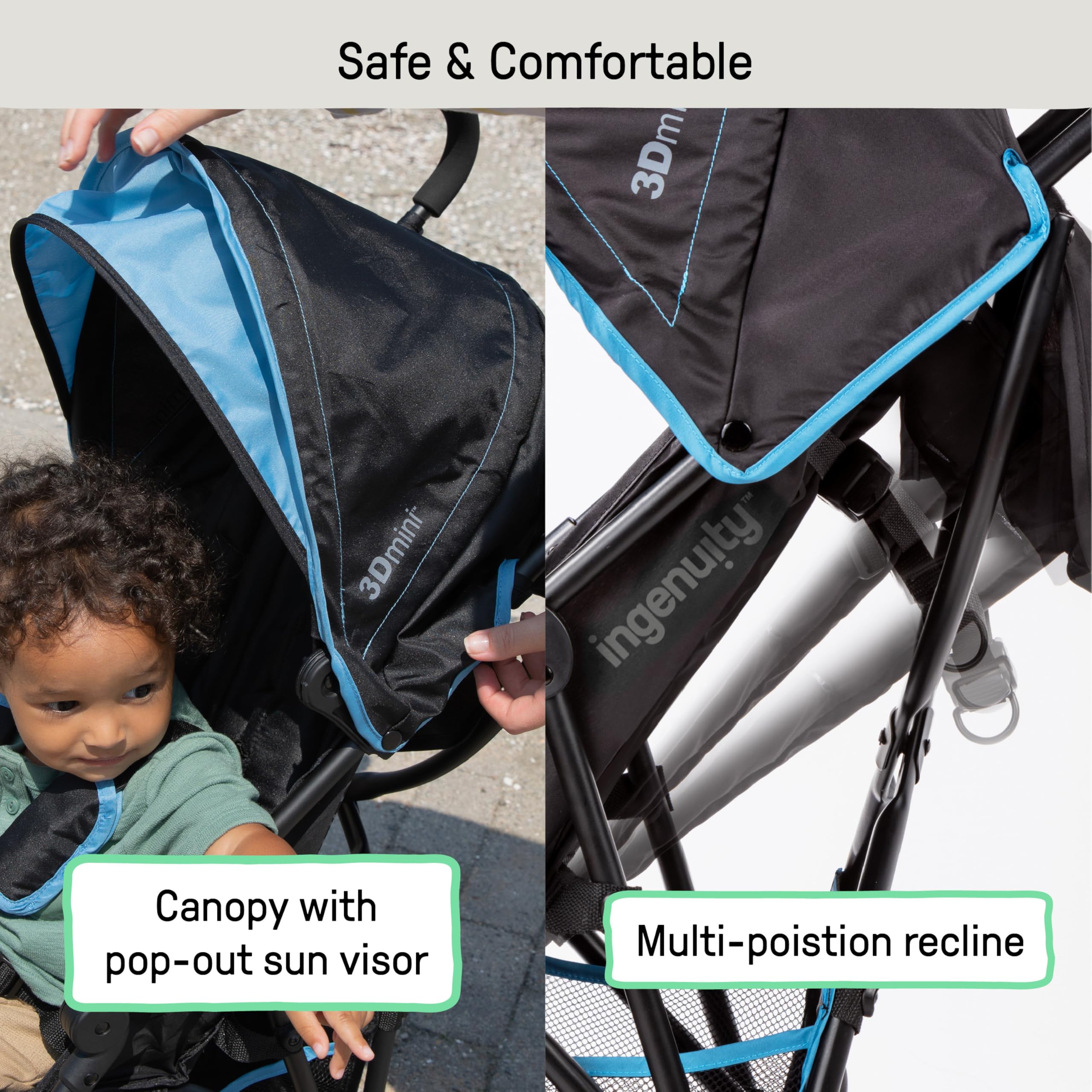 Ingenuity 3D Mini Convenience Stroller – Lightweight Stroller with Compact Fold, Multi-Position Recline, Canopy with Pop Out Sun Visor and More – Umbrella Stroller for Travel, Pink