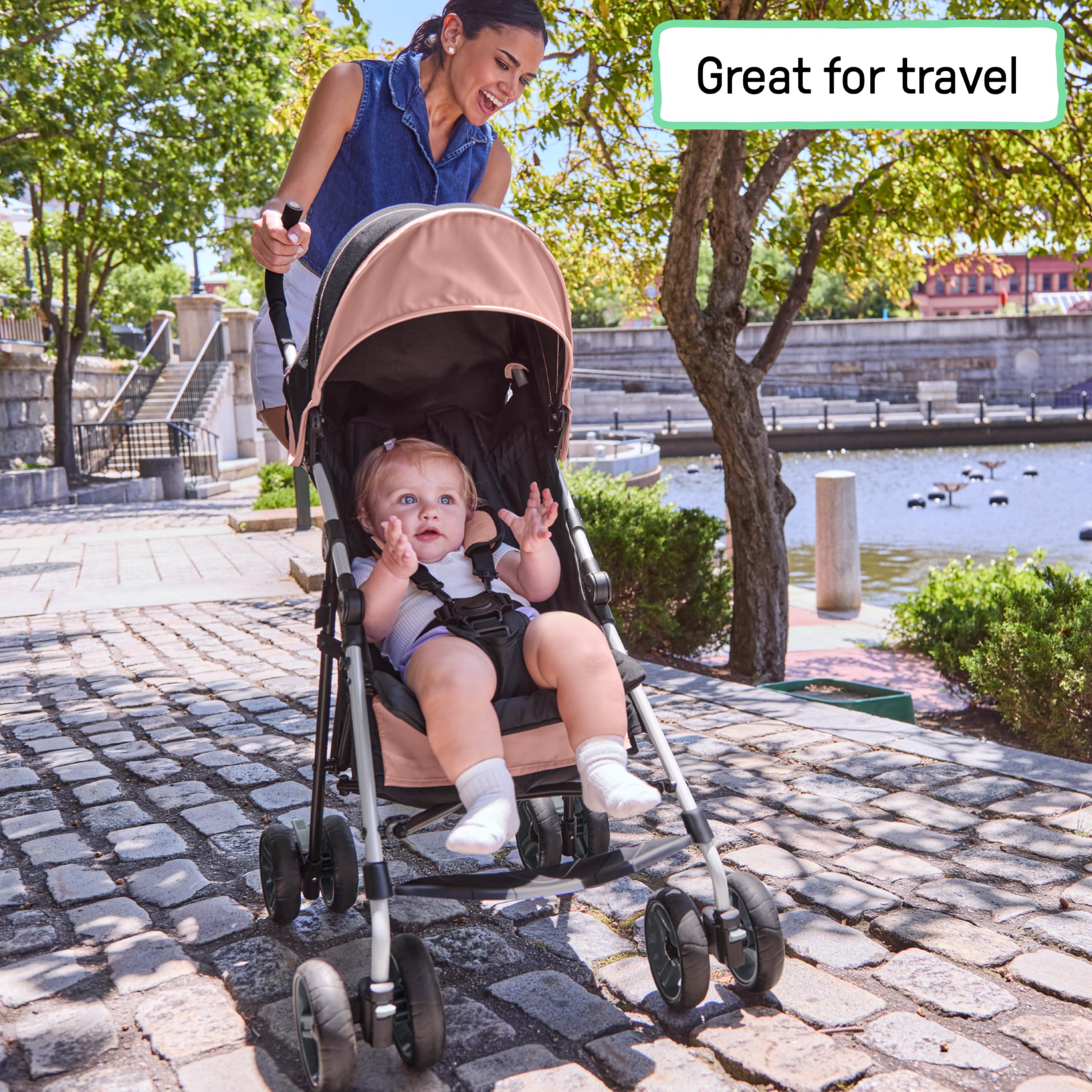 Ingenuity 3D Mini Convenience Stroller – Lightweight Stroller with Compact Fold, Multi-Position Recline, Canopy with Pop Out Sun Visor and More – Umbrella Stroller for Travel, Pink
