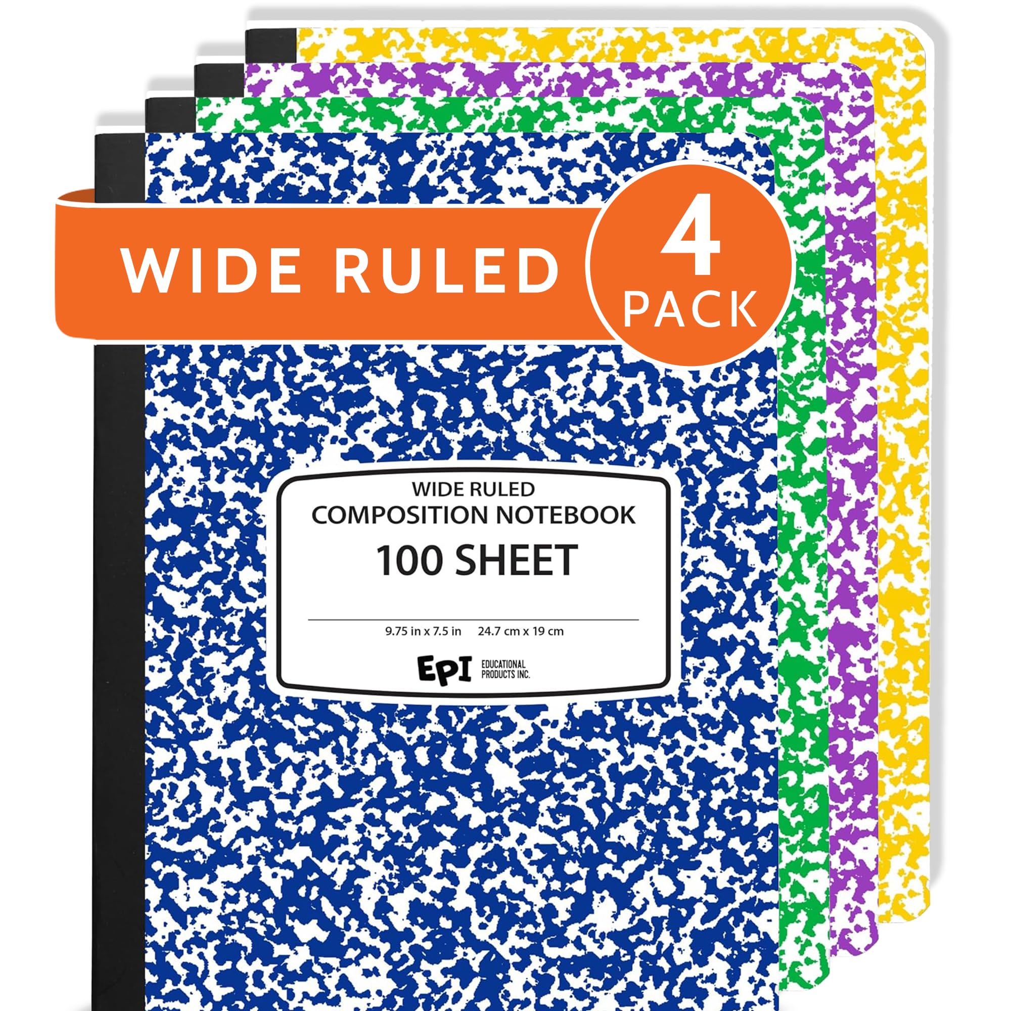 4 Pack - EPI Marble Hardcover Wide Ruled Composition Notebook | 200 Pages (100 Sheets), 9.75 x 7.5 in, Sturdy Sewn Binding | School, Office, Journaling, Notes