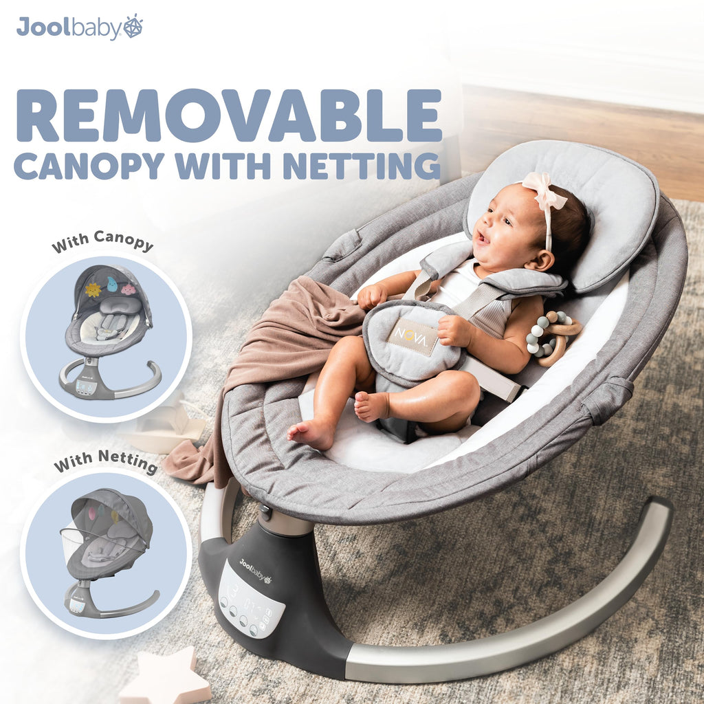 Jool Baby Nova Baby Swing for Infants – Bluetooth Music, Remote (Gray) | Keep Baby Happy While Getting Things Done – Gentle Side-to-Side Motion Helps Baby Feel Content