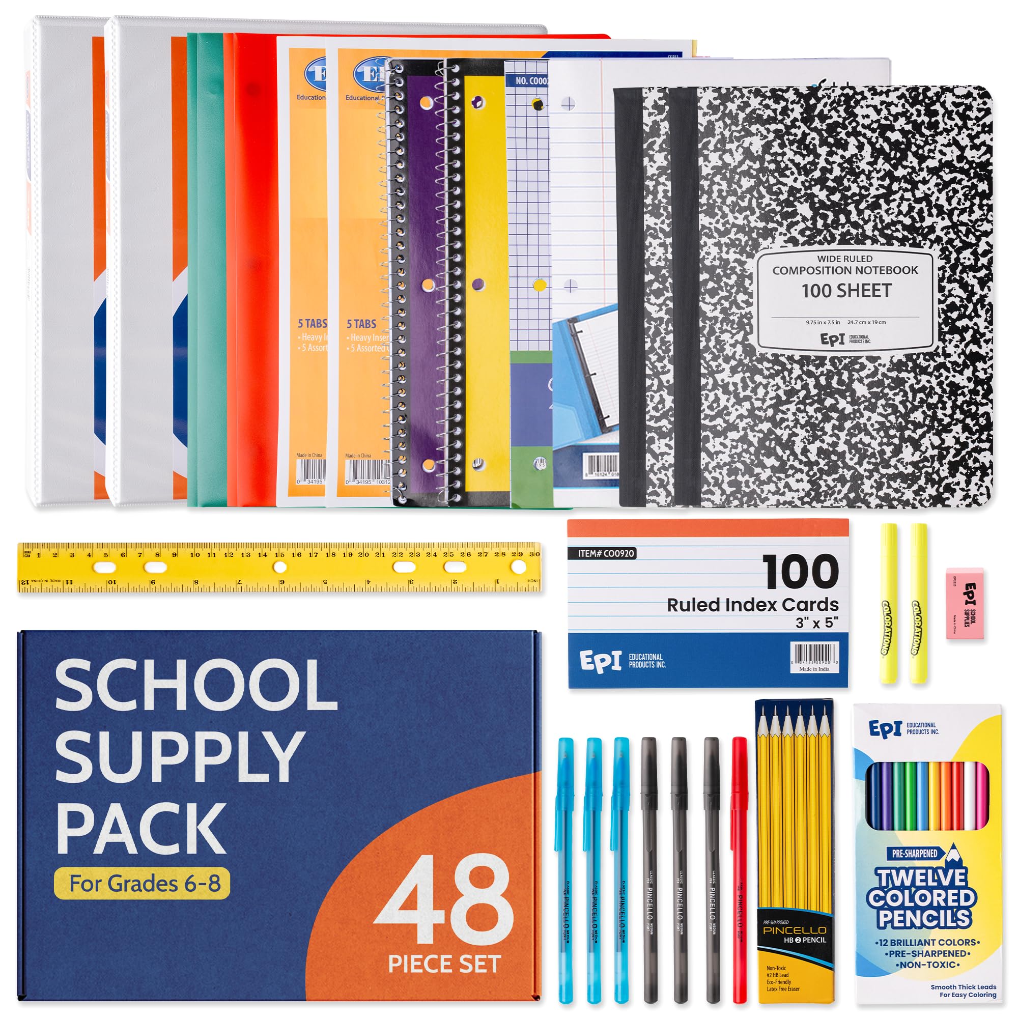 EPI Essentials Back to School Supplies for Kids 6th-12th Grade – 51 Items in Kit – Middle to High School Supply Packs – College-Ruled Bundle with Composition Notebooks – Suitable for Homeschooling