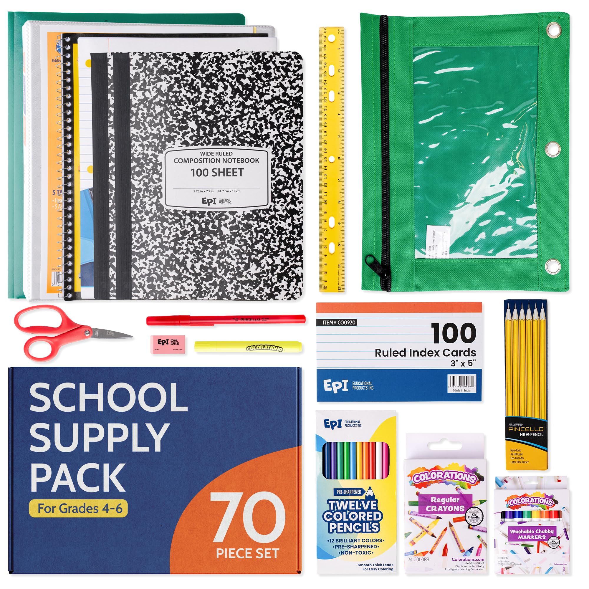 EPI Essentials Back to School Supplies for Kids 6th-12th Grade – 51 Items in Kit – Middle to High School Supply Packs – College-Ruled Bundle with Composition Notebooks – Suitable for Homeschooling