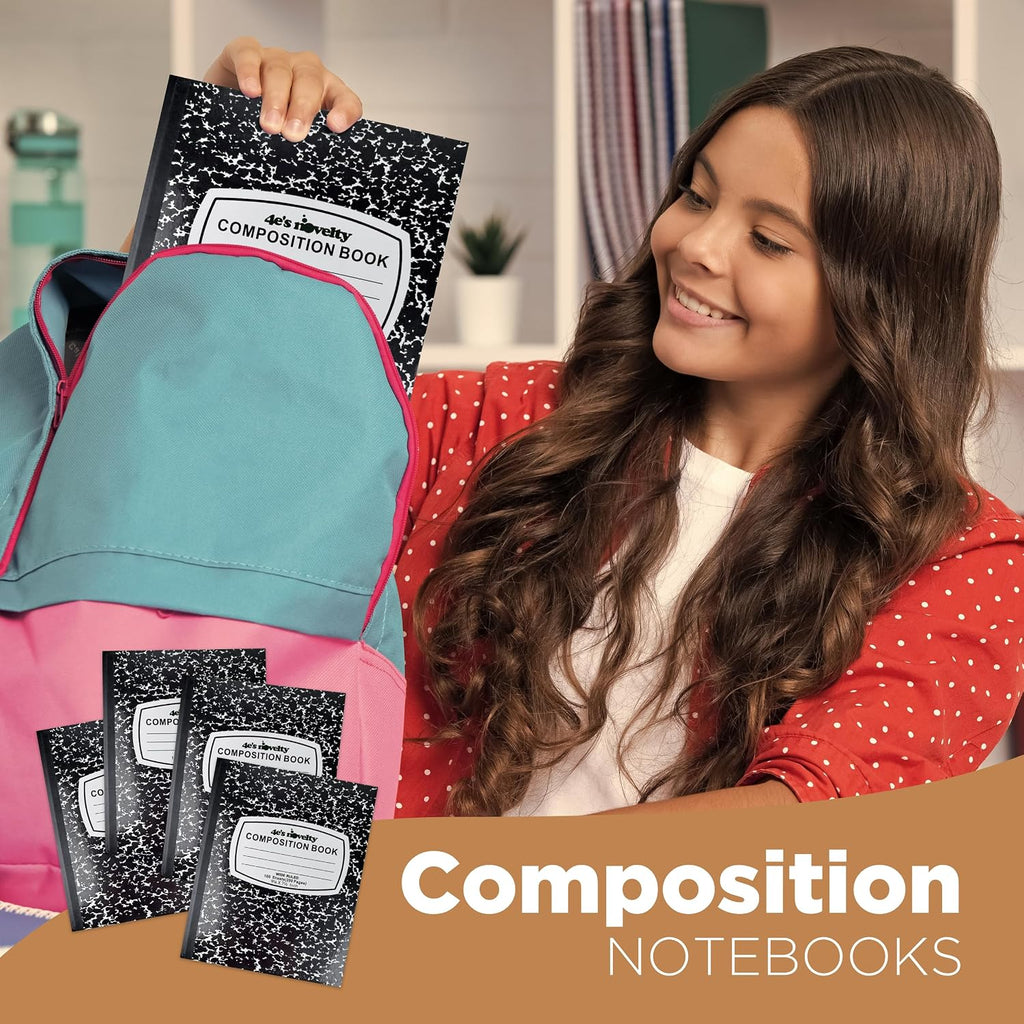 4E's Novelty Wide Ruled Composition Notebooks [4 Pack] Hard Cover 100 Sheets 9.75" x 7.5" - Black Marble Bulk Compositon Book Wide Ruling, Back to School Supplies For Students Boys Girls & College
